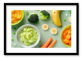 Infant food consisting of bowls filled with pureed vegetables and fruits in green, orange, and yellow hues, including broccoli, carrots, banana, and apple, accompanied by baby accessories and toys,