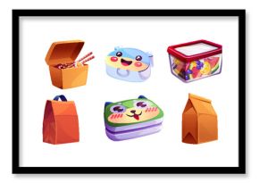 School lunchbox with kid food and bag for snack. Healthy lunch meal for children in plastic container with fruit. Isolated breakfast pack to eat. Picnic bento clipart set. Fresh salad package element