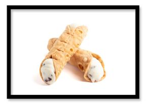 Delicious Chocolate Chip Marscapone Cheese Filled Cannoli Pastries Isolated on a White Background