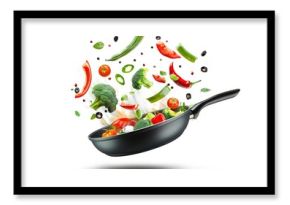 A symphony of freshness: vibrant vegetables floating in the air around a sizzling frying pan, capturing the essence of a nutritious and delicious meal