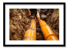 Worker Installing Underground Pipes