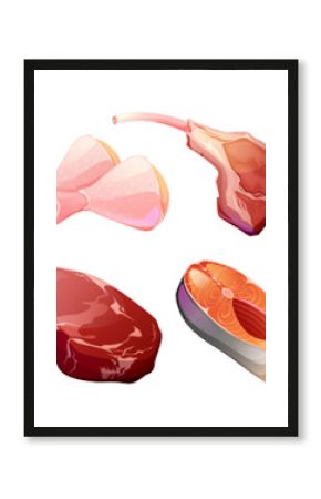 Meat and fish slices set isolated on white background. Vector cartoon illustration of raw beefsteak, chicken legs, lamb rack and piece of salmon, fresh ingredients for bbq party meal, picnic menu