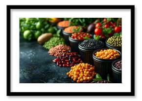 Assorted fruits veggies and legumes in containers on a dark background. Concept Food photography, Healthy eating, Meal preparation, Kitchen ingredients, Fresh produce