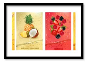 Set of labels with fruit and berry  drink. Fresh fruits juice splashing together- honey,  chamomile, coconut, strawberry, raspberry, pineapple, sea buckthorns juice drink splashing. Vector