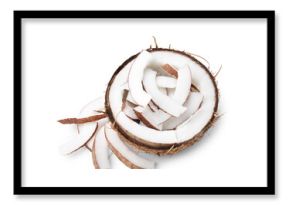 Coconut pieces in nut shell isolated on white
