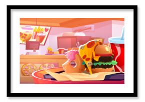Fast food cafe interior with burger and counter. Restaurant design inside with hamburger on table and pizza in menu. Eatery court or canteen business furniture for cooking and serving hot dinner