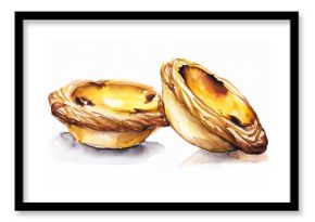 Watercolor of "Pasteisde nata", typical pastry from Lisbon - Portugal, isolated on white background, showcasing artistic skill and deliciousness
