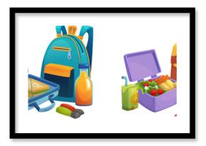 School backpack with lunchbox and supplies. Cartoon vector illustration set of education kit with student bag, food lunch plastic box with sandwich, vegetables and banana, juice, books and pencils.