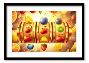 3D modern cartoon design for slot machine game screen with plums, bananas, cherries, blueberries, pears, lemons, and strawberries.