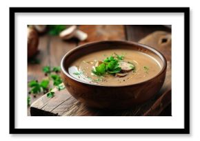 Freshly made mushroom soup on a wooden cutting board. Perfect for food blogs or recipe websites