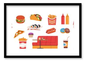Fast food restaurant. Bistro workers in uniform with tray and bag in hands, tacos, donuts, french fries and burger, pizza and asian meal, french fries and drink nowaday vector cartoon flat set