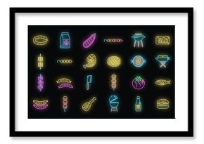 Grilled food icons set outline vector. American cooked. Korean chicken neon color on black