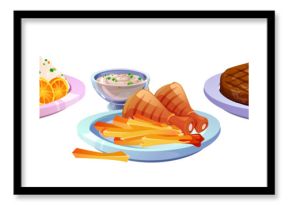 Meat and fish dishes set isolated on white background. Vector cartoon illustration of plates with beefsteak and tomatoes, chicken leg with french fries, salmon with rice, spicy sauces, bbq meal