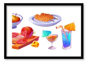 Cute food and drinks for picnic in city park or dining concept. Cartoon meals - korean fried hot dog on plate, apples in bowl, sandwich and tomato on cutting board, wine bottle and cocktails in glass.
