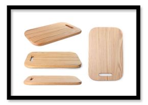 Wooden cutting board isolated on white, views from different angles