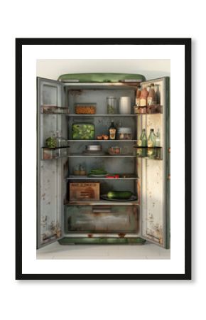 Open refrigerator that needs cleaning with old food. Spoiled vegetables and meal with an expired shelf life