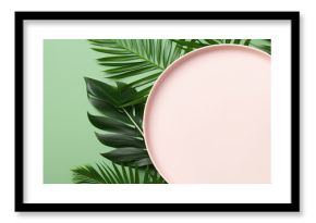 A minimalistic top down view of millennial pink paper background with an empty plate placeholder surrounded by vibrant green tropical palm leaves Perfect for your text or design ideas A visually appe