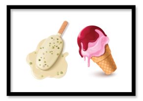 Melted ice cream in waffle cup and on stick. Realistic 3d vector set of popsicle with chips fallen on floor and pink fruit sundae with red jam thawing in sun. spilled and dripping cold dessert.