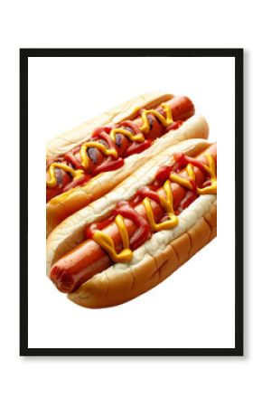 Two grilled hot dogs with mustard and ketchup are lying on a white surface