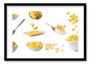 Typical American mac and cheese from many angles on a transparent cutout. Mockup template for artwork.