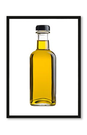 Tall rectangular glass bottle containing light yellow cooking oil with a black screw top lid