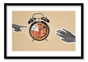 Creative collage picture human hands body fragment alarm clock pizza food meal nutrition junk food unhealthy calories dieting hour