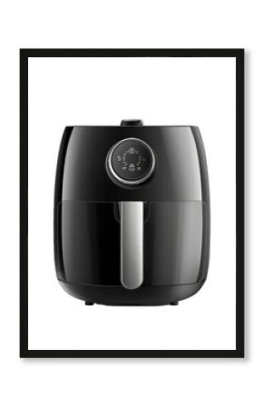 New black air fryer with digital screen showing cooking time remaining, isolated on white background