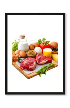 Wooden board with steak, fish, eggs, milk, fruit, vegetables isolated on transparent background