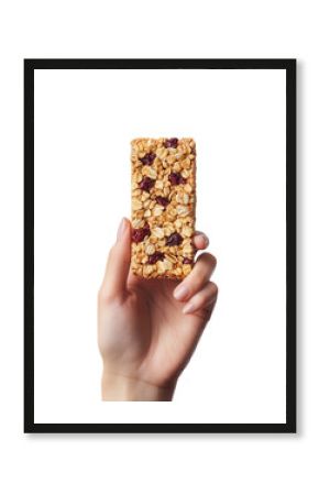 A healthy granola bar held in a hand, showcasing its crunchy texture and colorful ingredients for a nutritious snack. isolated on a transparent background