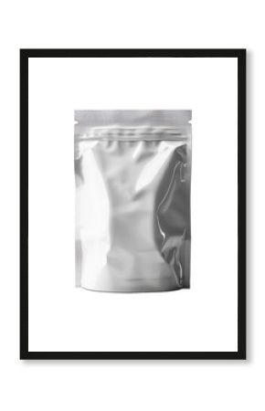 Blank foil food packaging pouch standing up isolated on a white background