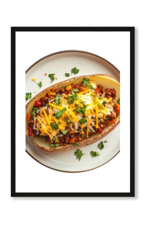 A Plate of Delicious Baked Potato with Chili con Carne and Cheese Isolated on a Transparent Background 