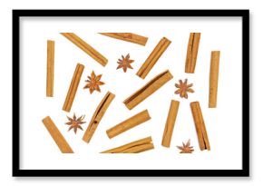 Set cinnamon sticks and star anise seeds isolated on white background, top view