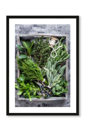 fresh herbs in wooden box on stone background