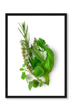 Bundle of freshly picked provence herbs isolated on white from above.
