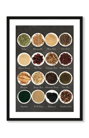 Herbs for energy, vitality & fitness used in natural alternative & chinese herbal medicine. In white porcelain bowls on grunge background. Top view with titles