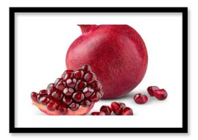Pomegranate isolated png. Pomegranate with chunk and seeds on white or transparent background. Whole and broken pomegranate piece no background composition. Perfect retouched transparent png.