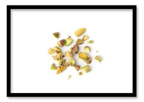 Fried salt pistachio nuts pieces pile isolated. Baked broken pistachios grains, crumbled green pistache