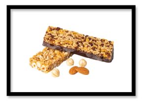 Two cereal bars with chocolate, almonds and hazelnuts falling on transparent background