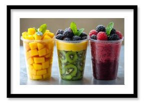 Plastic cups showing mango, kiwi and blackberry smoothies garnished with mint