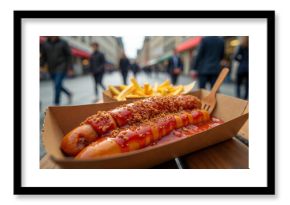 Delicious street food with currywurst and fries on a table