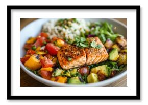 Delicious grilled salmon with fresh vegetables and rice served in a colorful bowl at a cozy restaurant