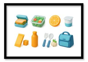3D icon set of lunch prep: sandwich box, salad container, fruit slice, yogurt pot, snack bar, juice bottle, cutlery set, cooler bag. 3d icon. Generated icons set of 3d style in a modern design.