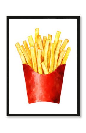 Crispy Golden French Fries in Red Paper Container Isolated Hand Drawn Watercolor Illustration