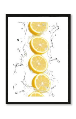 Zesty Cascade: Capturing the invigorating essence of fresh lemons sliced mid-air, with an explosion of water droplets cascading in a display of freshness and citrus delight. 