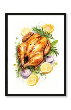 Roasted whole chicken with herbs and lemon on a serving plate watercolor style illustration