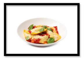 Delicious ravioli with tomato sauce, parmesan cheese and basil isolated on white