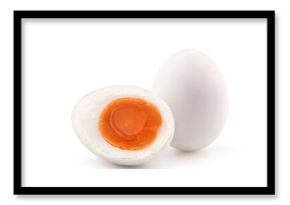 Salted egg with cut in half isolated on white background.