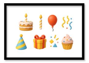 3D icon set of birthday party: cake, candle, balloon, party hat, gift box, streamers, confetti, cupcake. 3d icon. Isolated