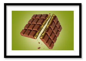 Dubai chocolate broken into two halves in the air on a green background. Dubai chocolate is made with pistachio paste and kadayif