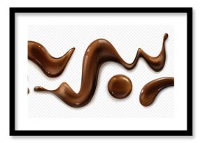 Chocolate sauce splashes and syrup drips on transparent background. Flowing cocoa liquid trails, melted candy drops, gooey fudge swirl. Creamy blobs and sweet spread smears for dessert topping.